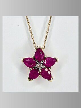 10k Gold Diamond & Ruby Flower Necklace Pendant Yellow Gold Chain 18"